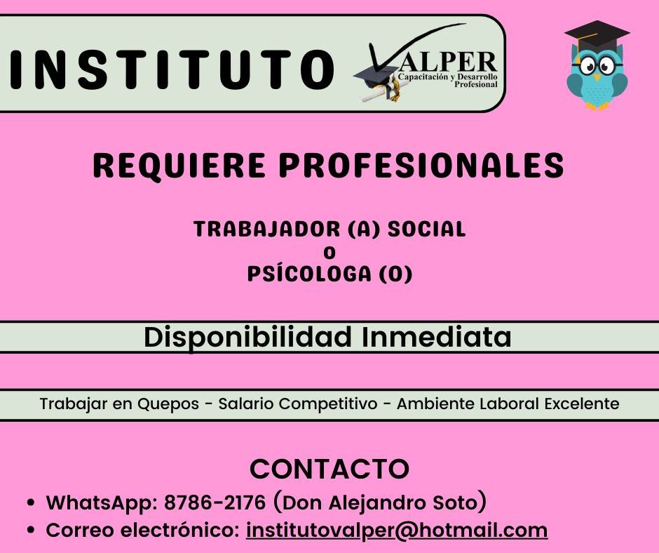 Publicación de vacantes laborales en la Bolsa de Empleo del Instituto VALPER en Quepos
